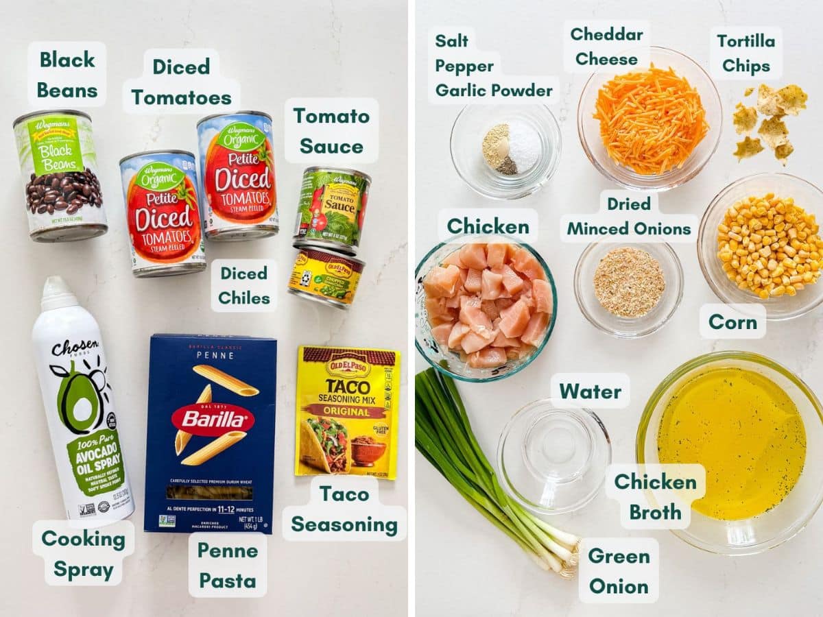 An overhead image of labeled recipe ingredients.
