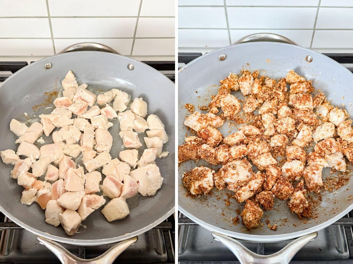 Chicken breast pieces browning and then mixed with seasonings.