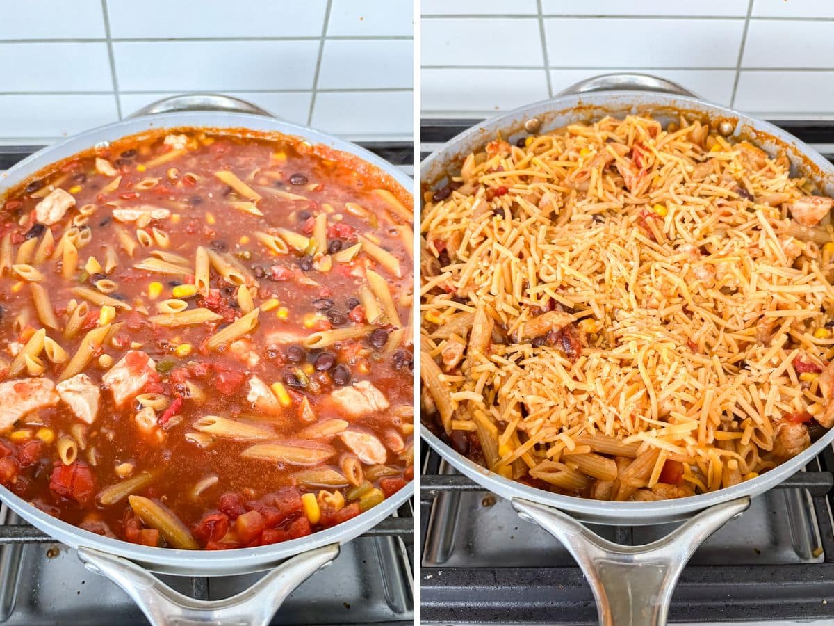 PAsta added to the pan and then sprinkled with shredded cheddar cheese after the pasta is cooked.
