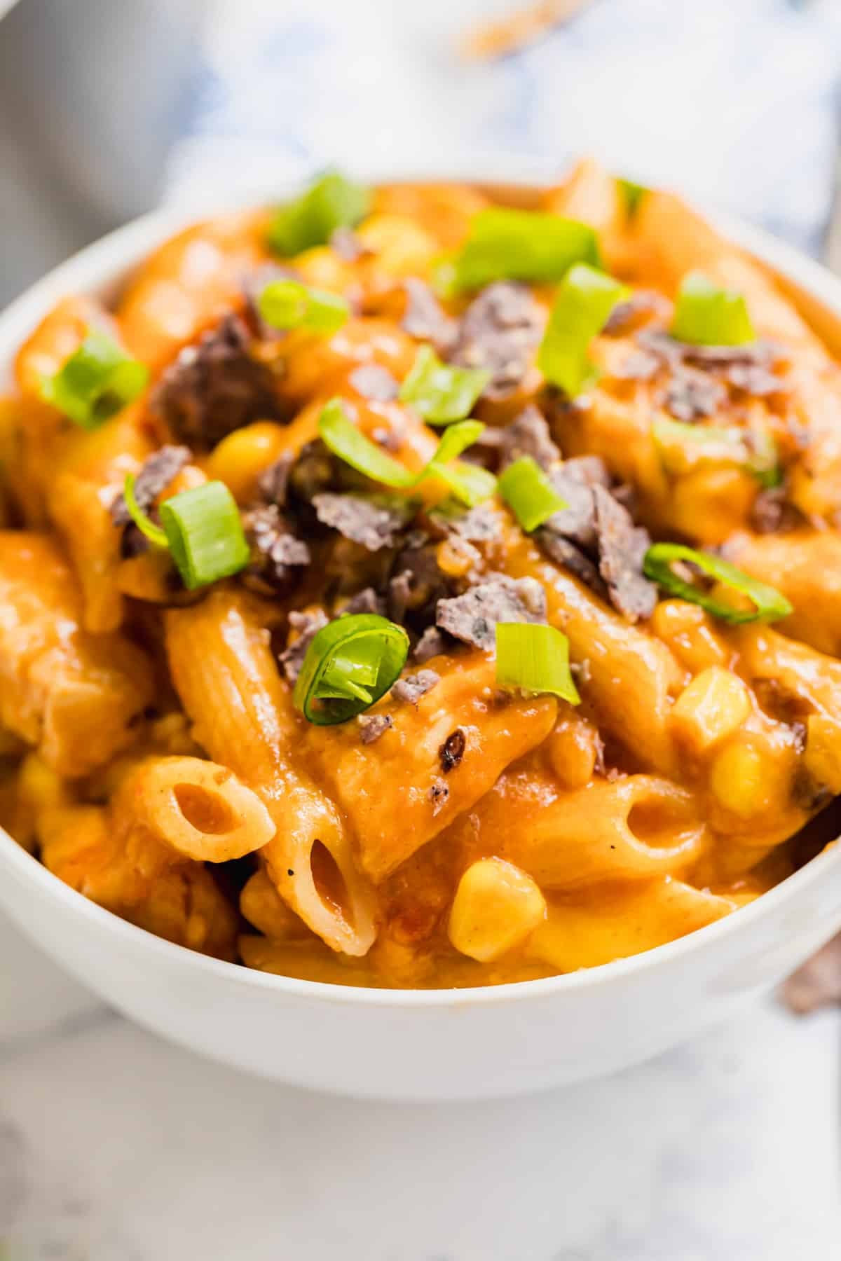 A close up of a bowl of taco pasta.