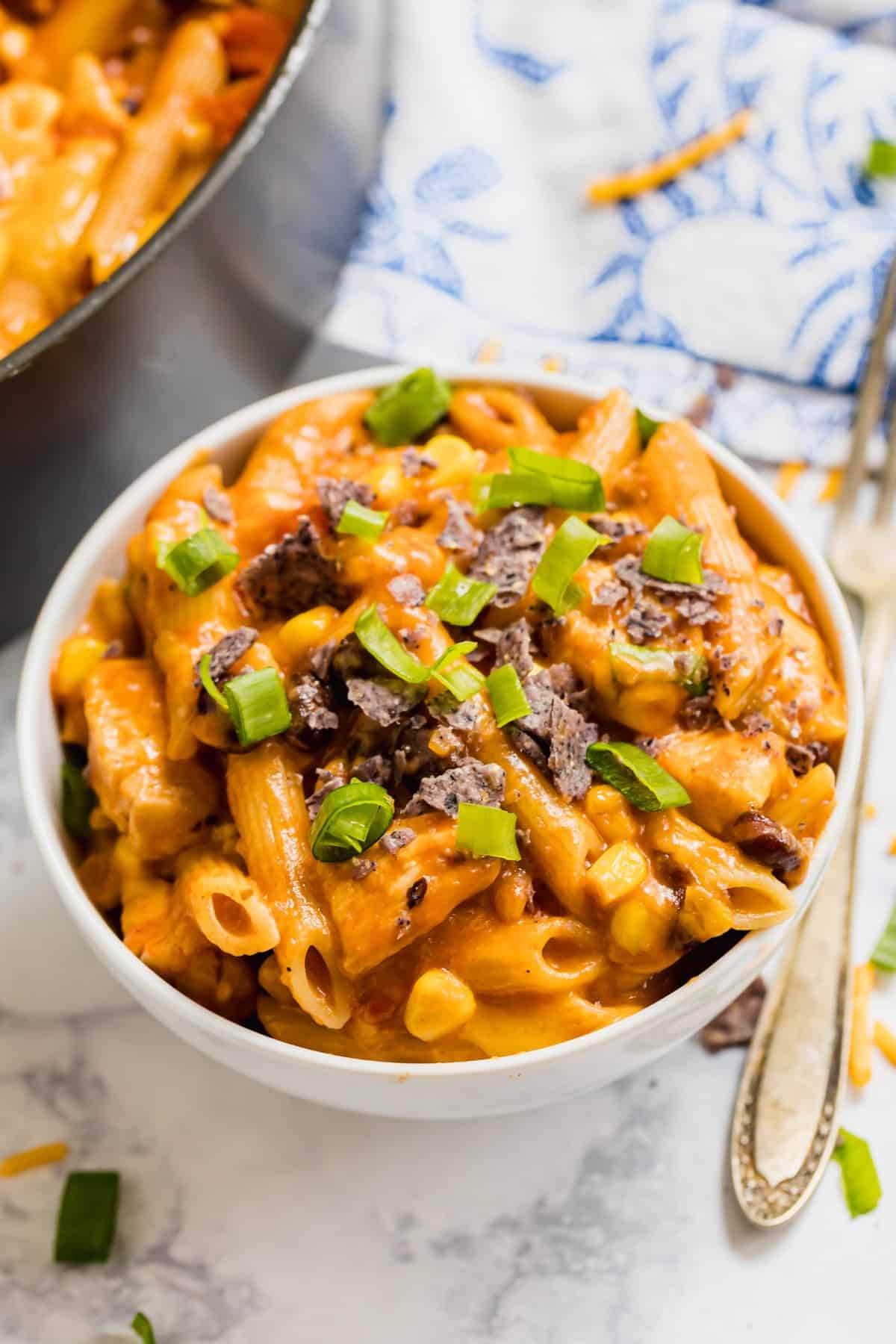 A bowl of chicken taco pasta.