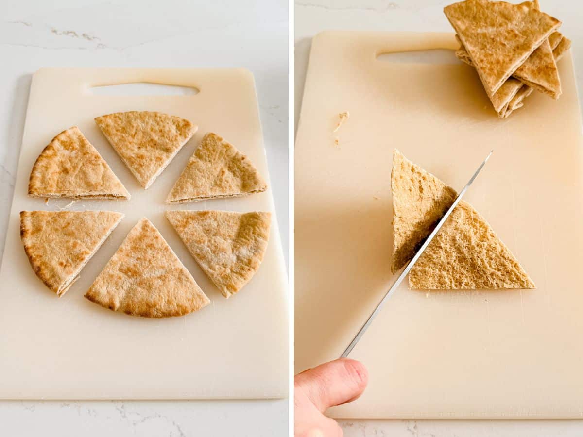 Pita cut into 6 wedges and then a knife cutting each wedge in half.