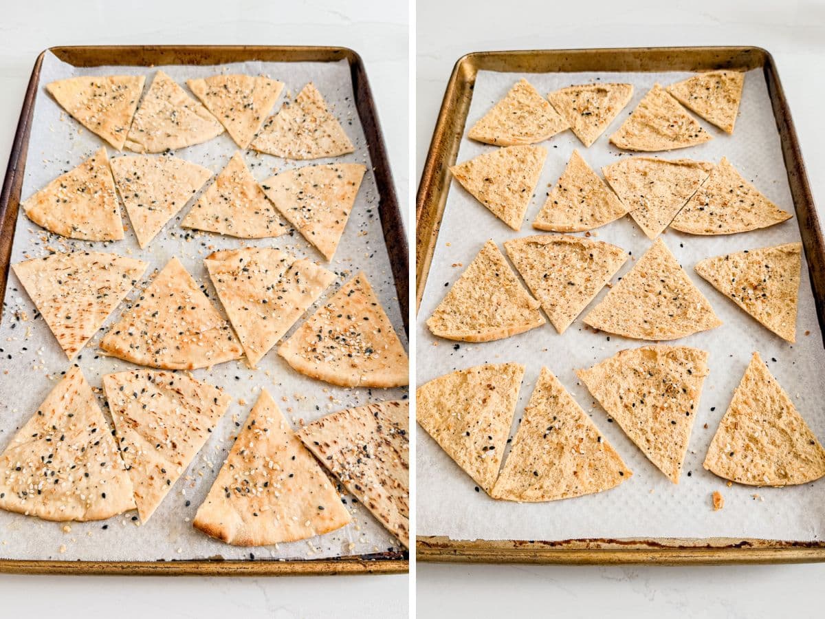 Pita wedges spread in a single layer on a pan and then with oil and seasoning on them.