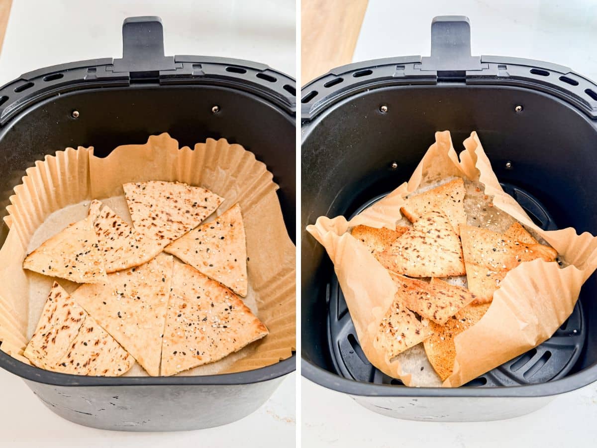 Pita chips in an air fryer basket before cooking and then after.