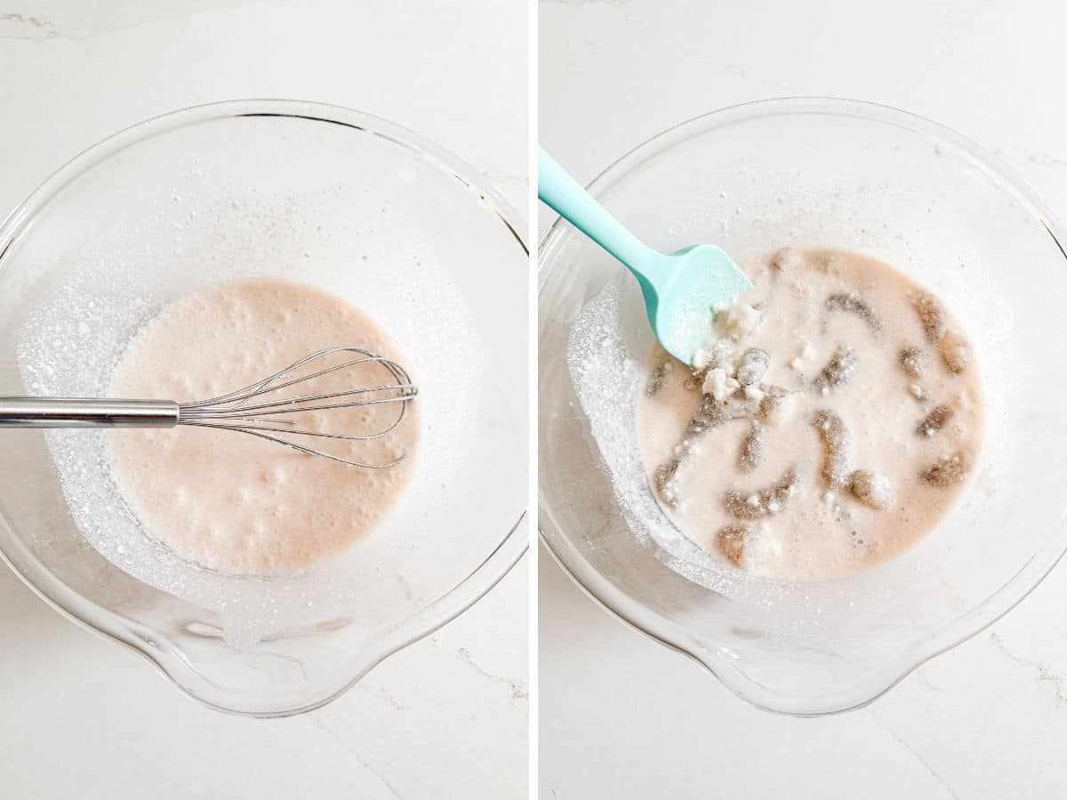 Coconut milk marinade with a whisk in it and then and then shrimp added in.