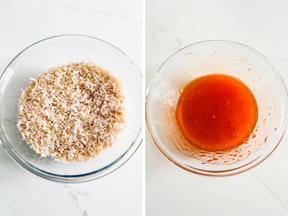 Coconut mixture in a bowl and then the sauce mixed in a different bowl.