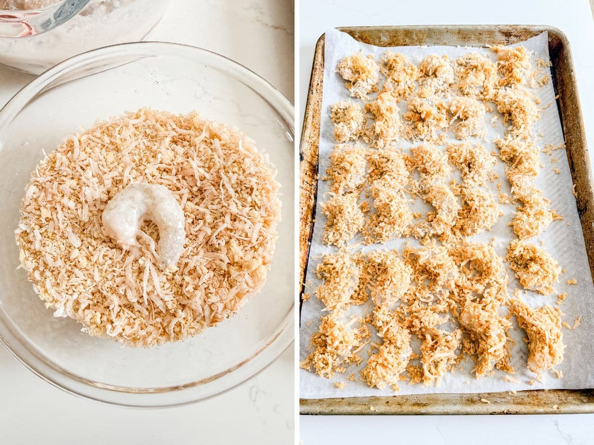 Shrimp in the coconut mixture and then breaded shrimp lined up on a baking sheet.