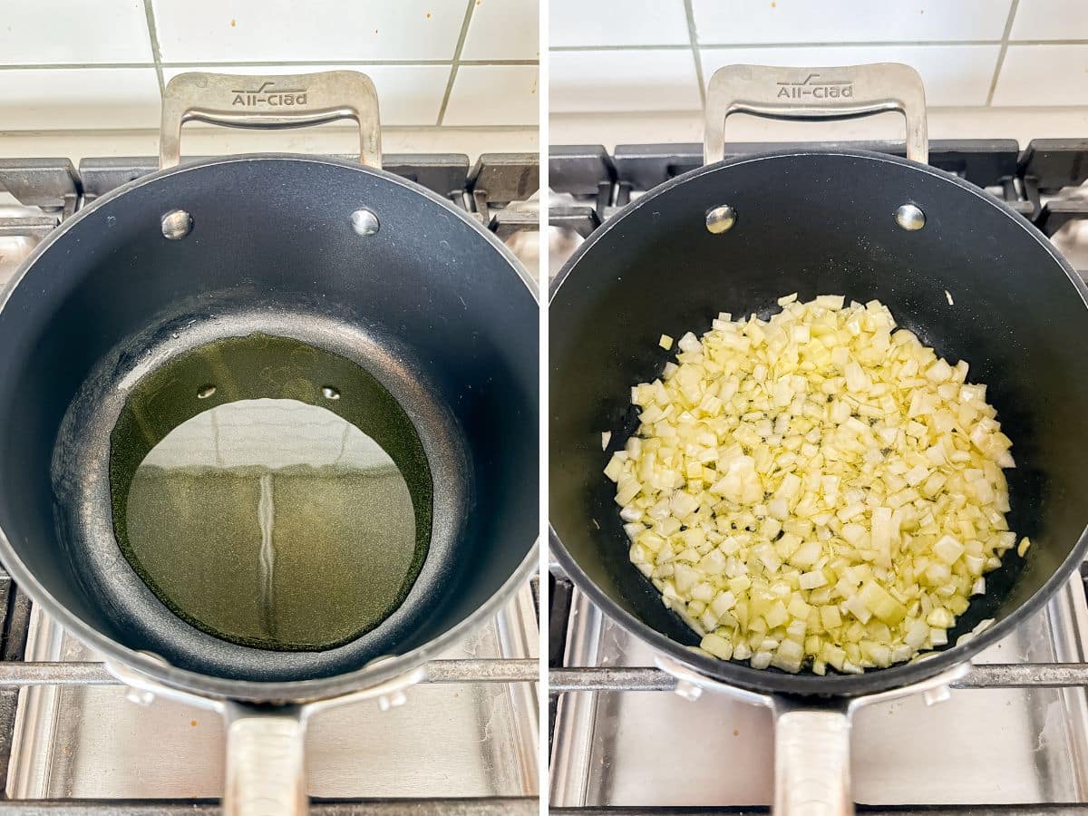 Olive oil heating in a medium pan and then then onions cooking in it.
