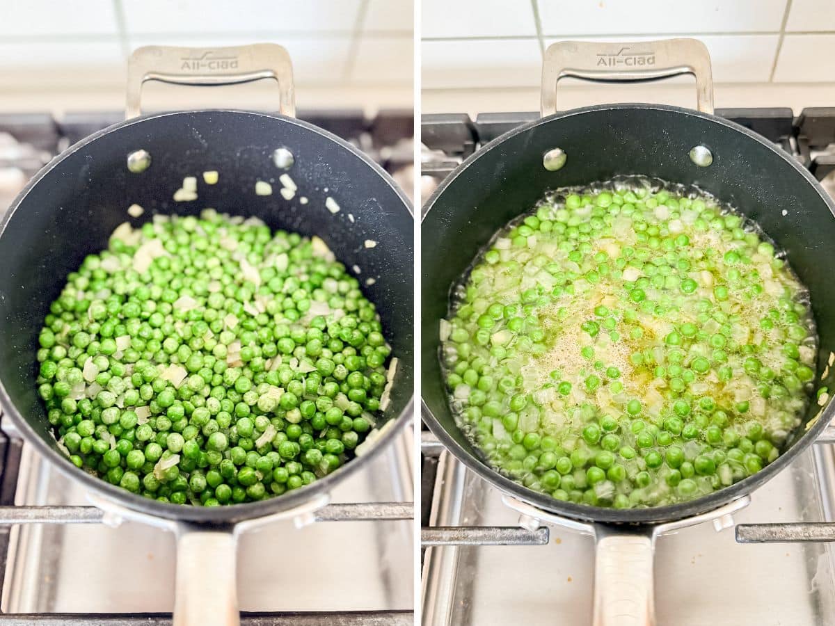 Frozen peas added to the onions and then water added and the peas simmering.