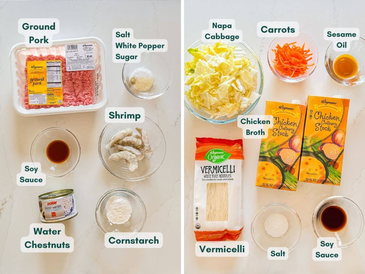 An overhead image of labeled recipe ingredients.
