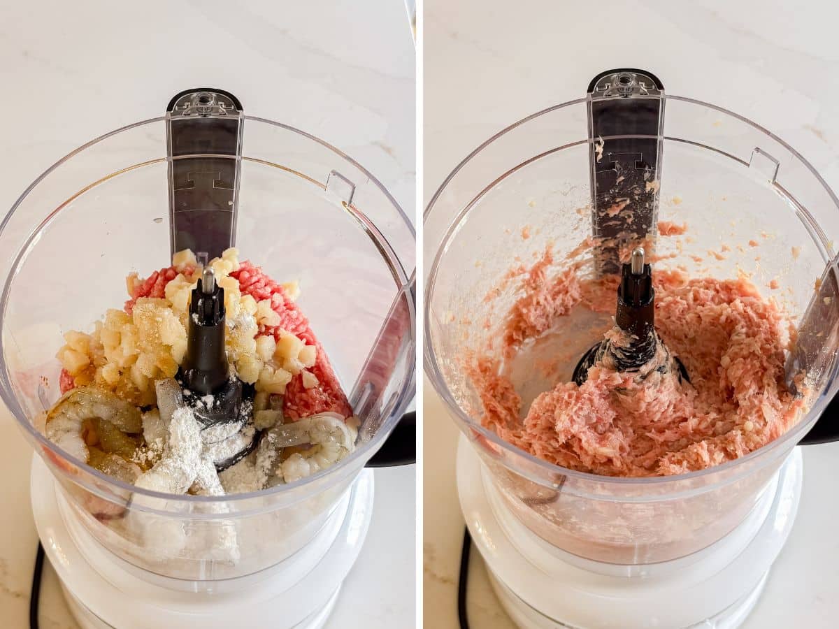 Meatball ingredients in the food processor and then all mixed together.
