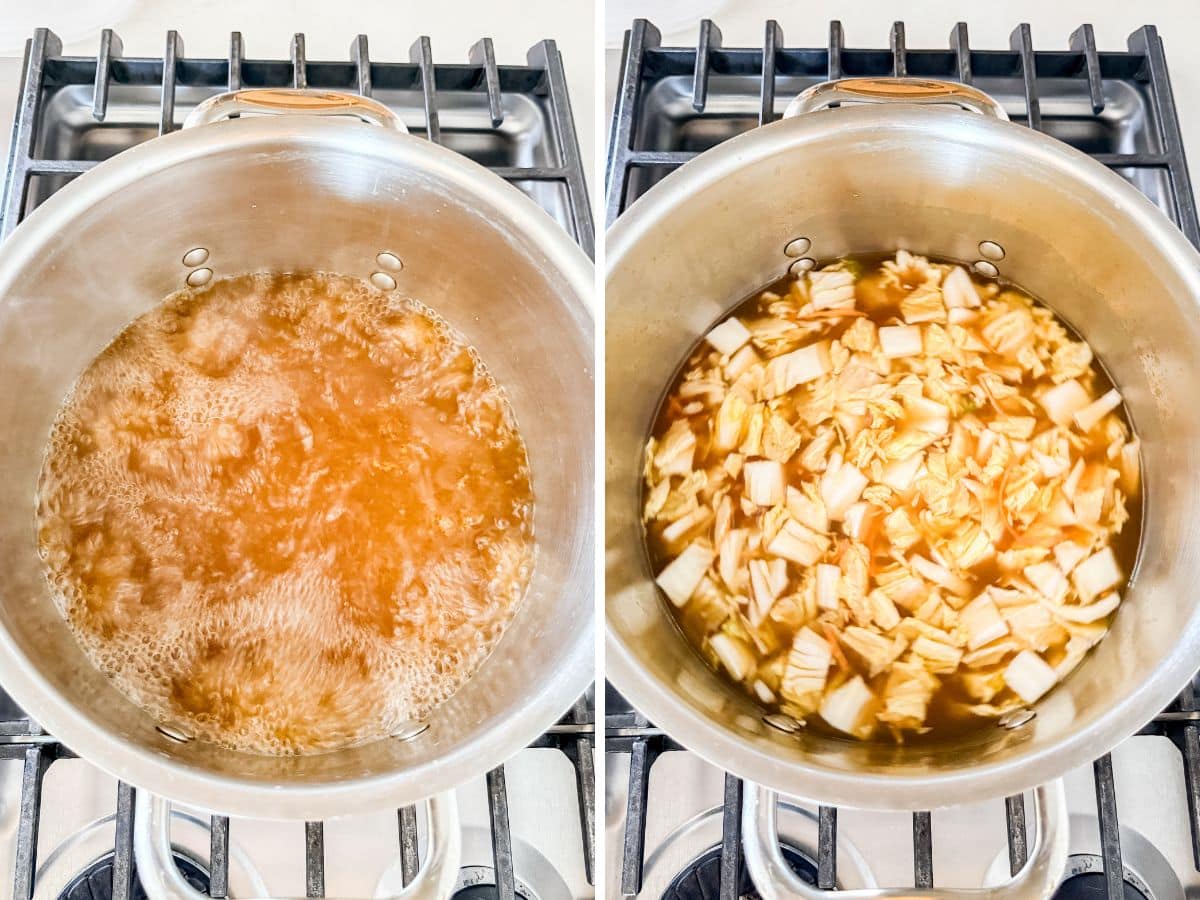 Broth boiling in a pot and then cabbage and carrots added to the pot.