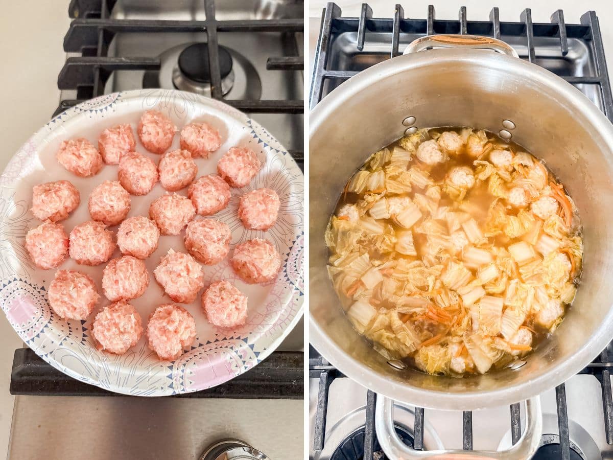 Meatballs rolled and on a plate and then added tot the broth to cook.