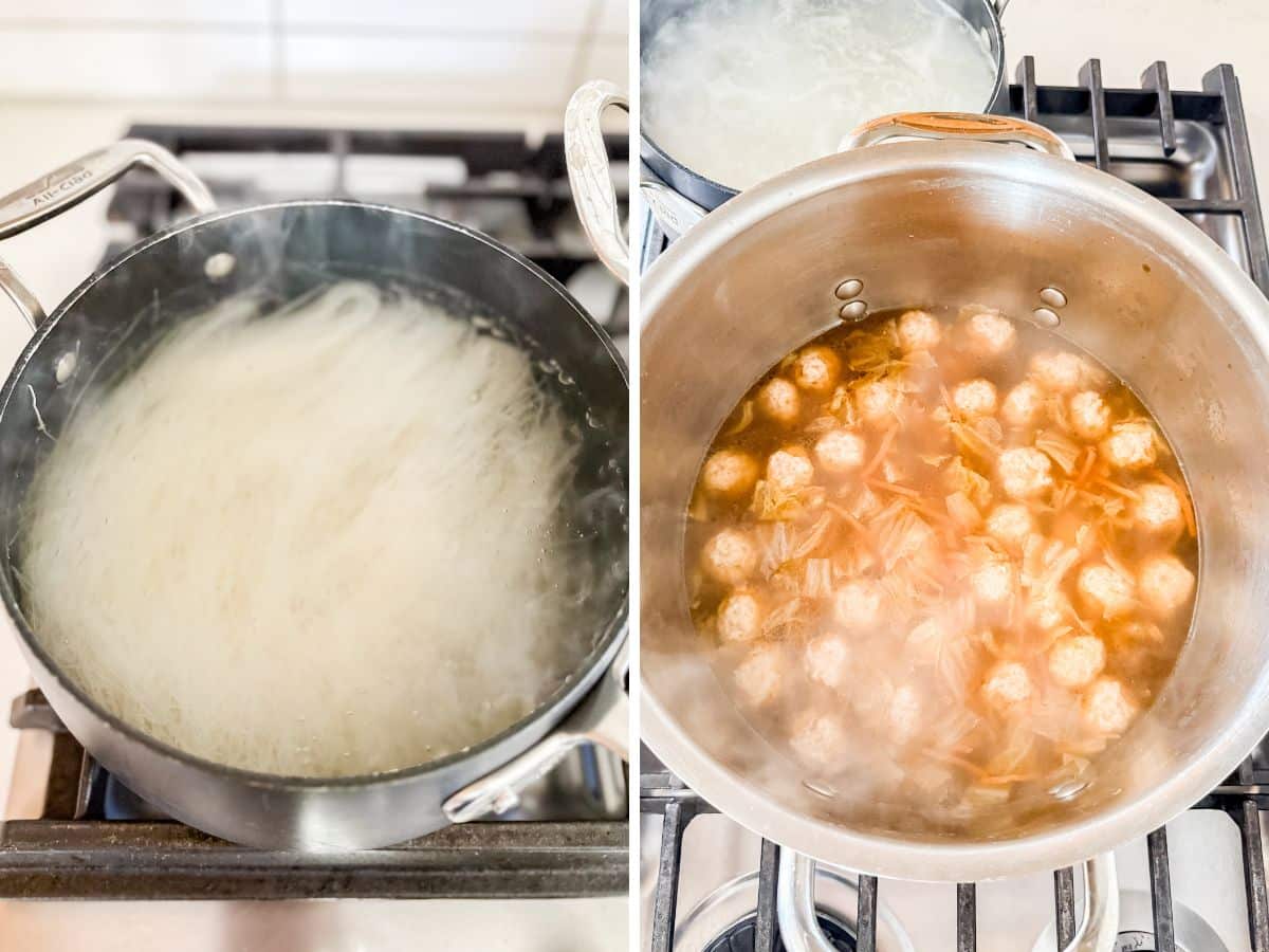 Vermicelli boiling in a pot and then the soup once the meatballs have risen to the top.
