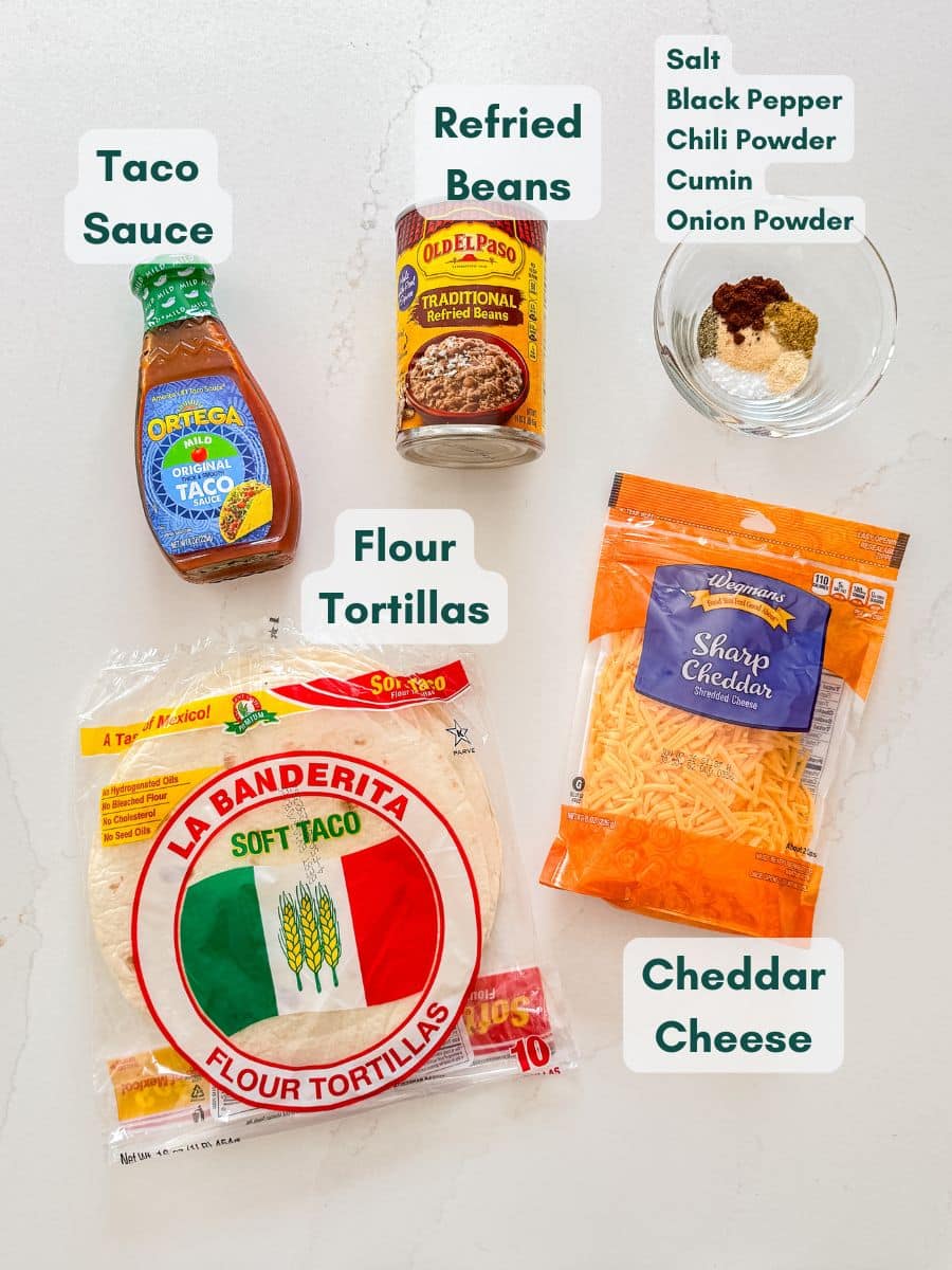 An overhead image of labeled recipe ingredients.