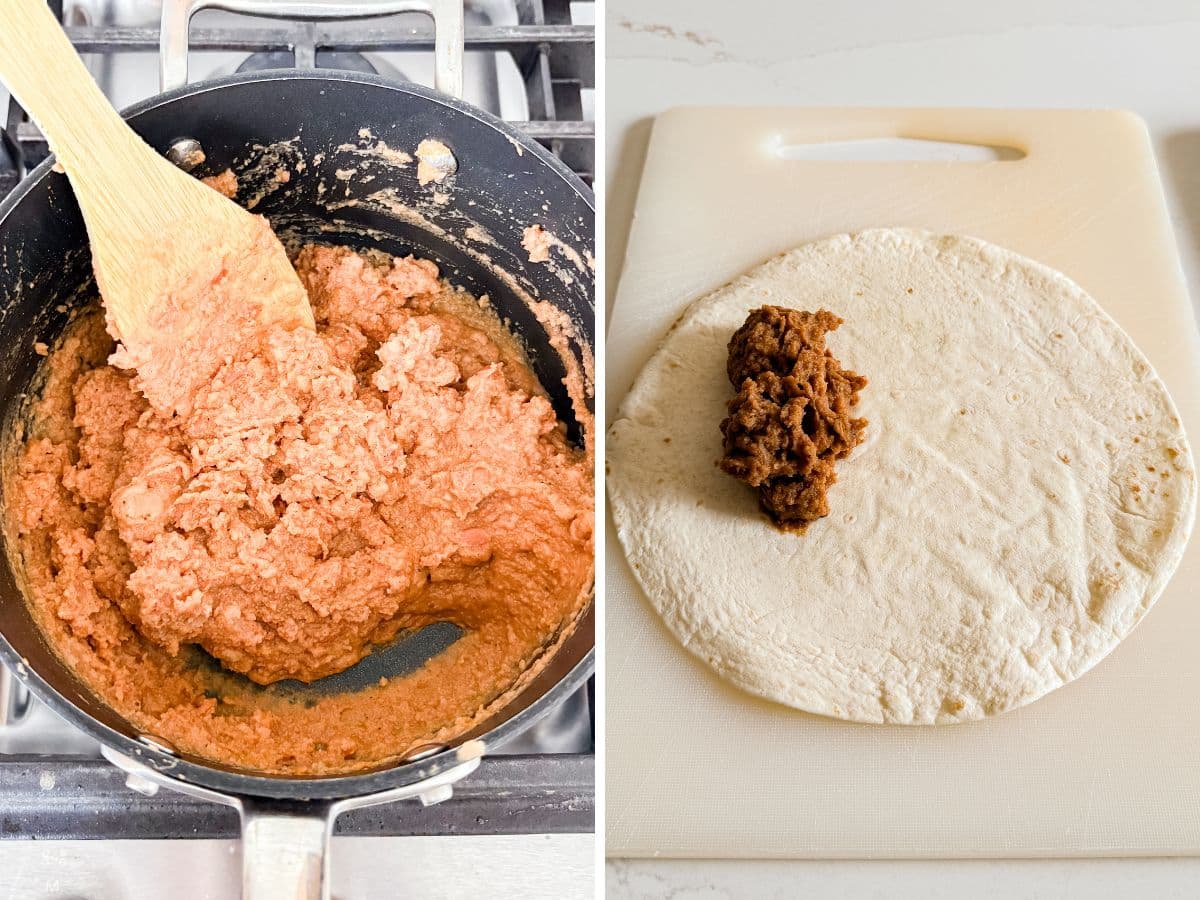 Refried beans cooking in a pan and the some of the beans on the side of a flour tortilla.