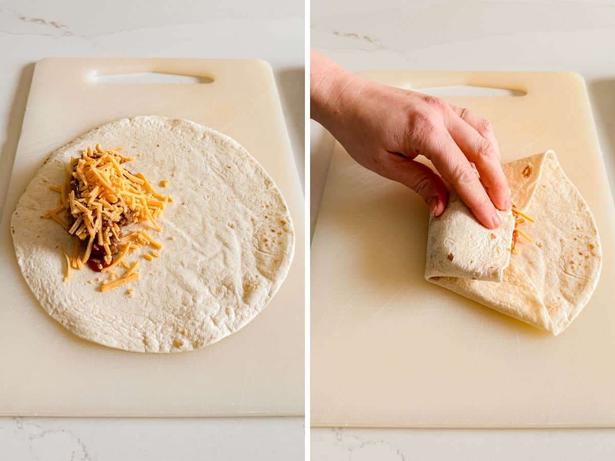 Cheese and sauce on top of the beans and then a hand rolling the burritos.