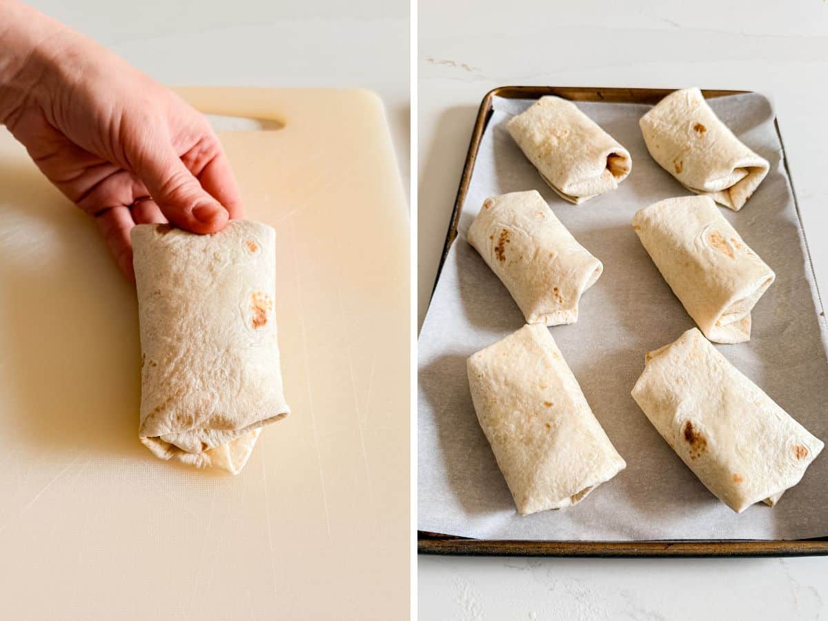 A hand holding the fully rolled burrito and the burritos lined up on the sheet pan.