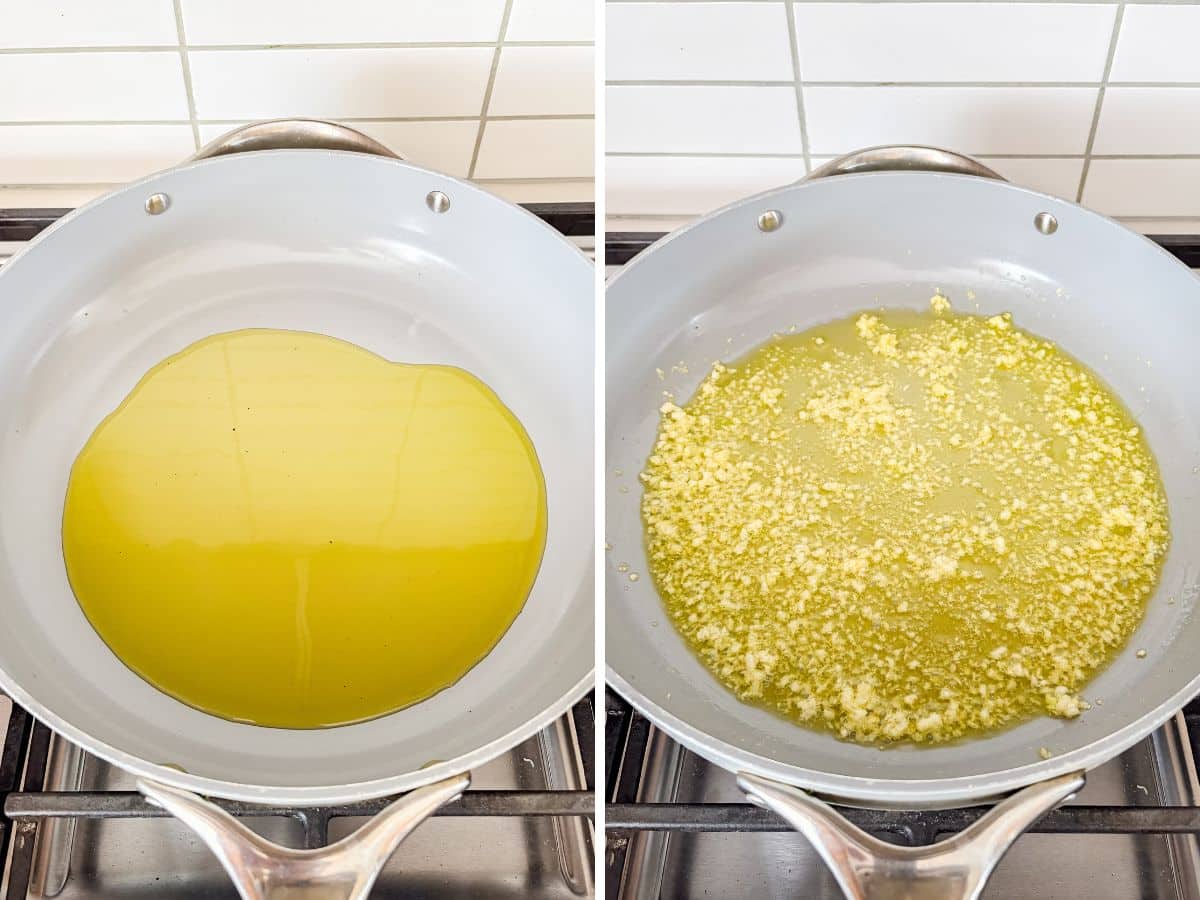 Olive oil heating in a pan and then minced garlic added and cooking.
