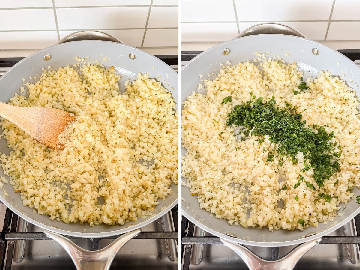 Cauliflower rice added to the pan and cooking and then lime juice and cilantro added at the end.