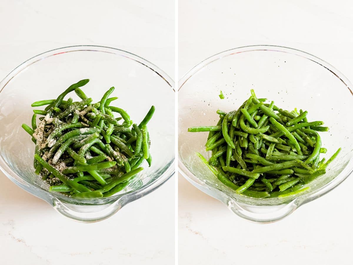 Green beans with the seasoning on them and then all mixed together.