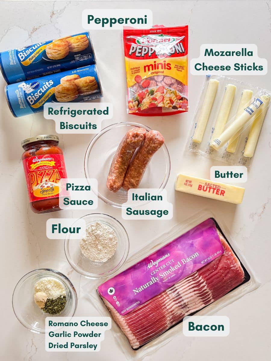 An overhead image of labeled recipe ingredients.