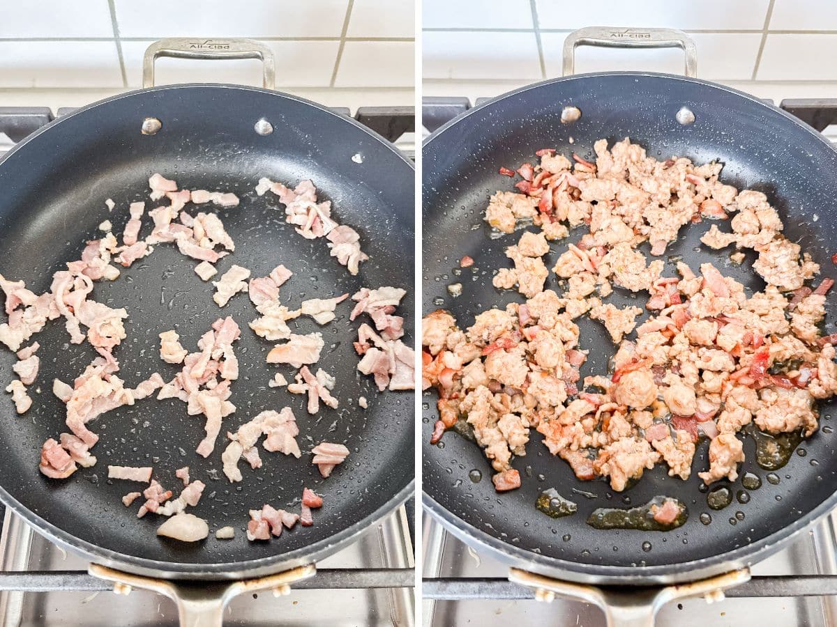 Meat filling cooking in a frying pan.