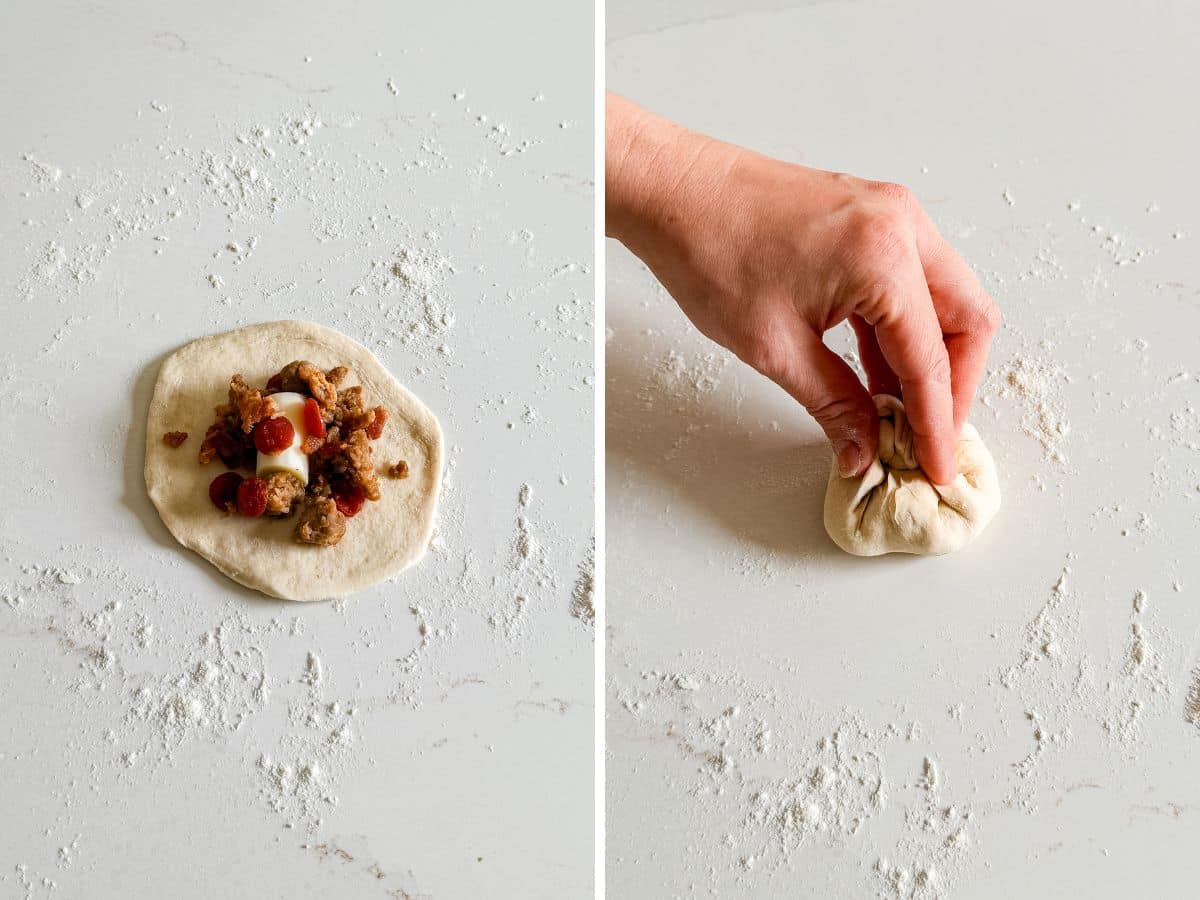 Biscuit rolled thin with filling and cheese in it and then a hand holding it folded around the filling.