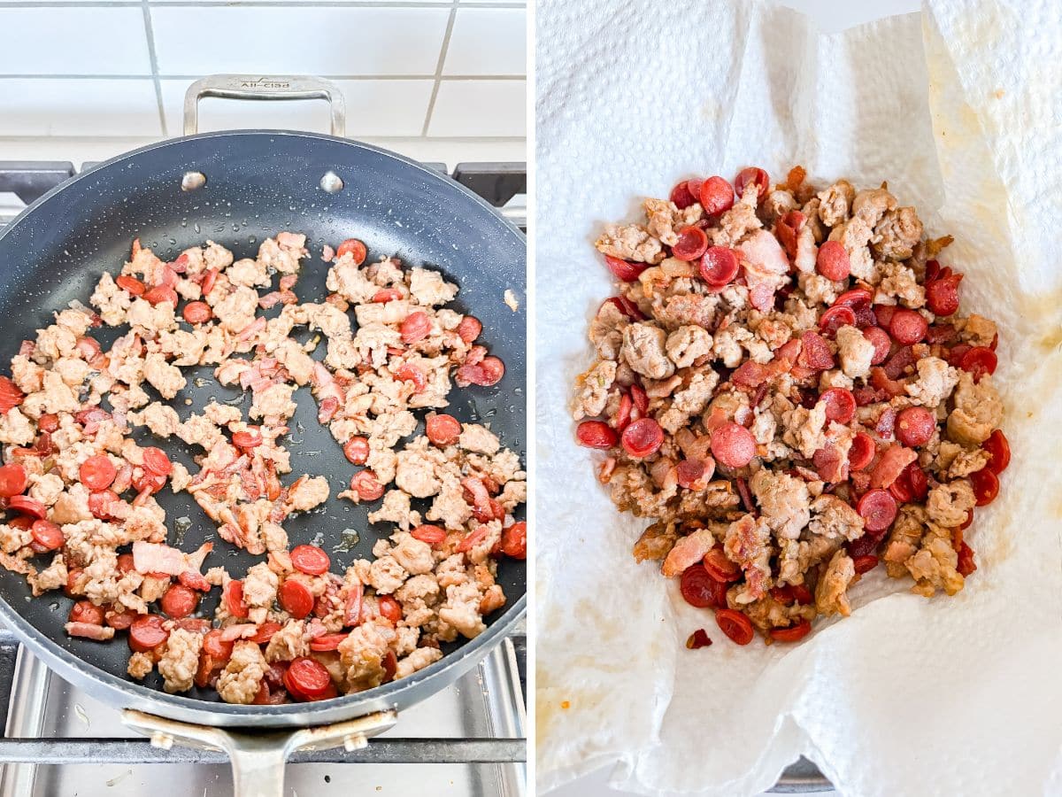 Pepperoni added to the pan and then the meat mixture draining on a paper towel lined plate.
