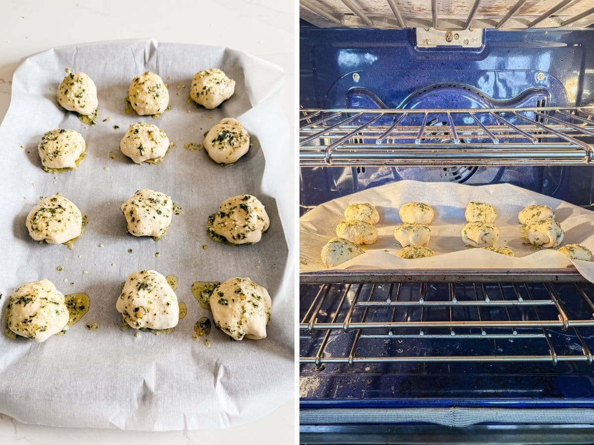 Butter topped pizza bites on a pan and the pan in the oven.