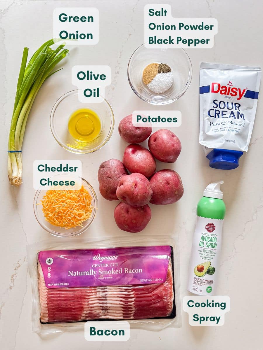 An overhead image of labeled recipe ingredients.