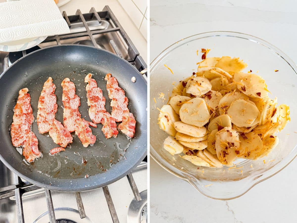 Bacon strips frying in a pan and thinly sliced Potatoes coated in oil and seasoning in a glass bowl.