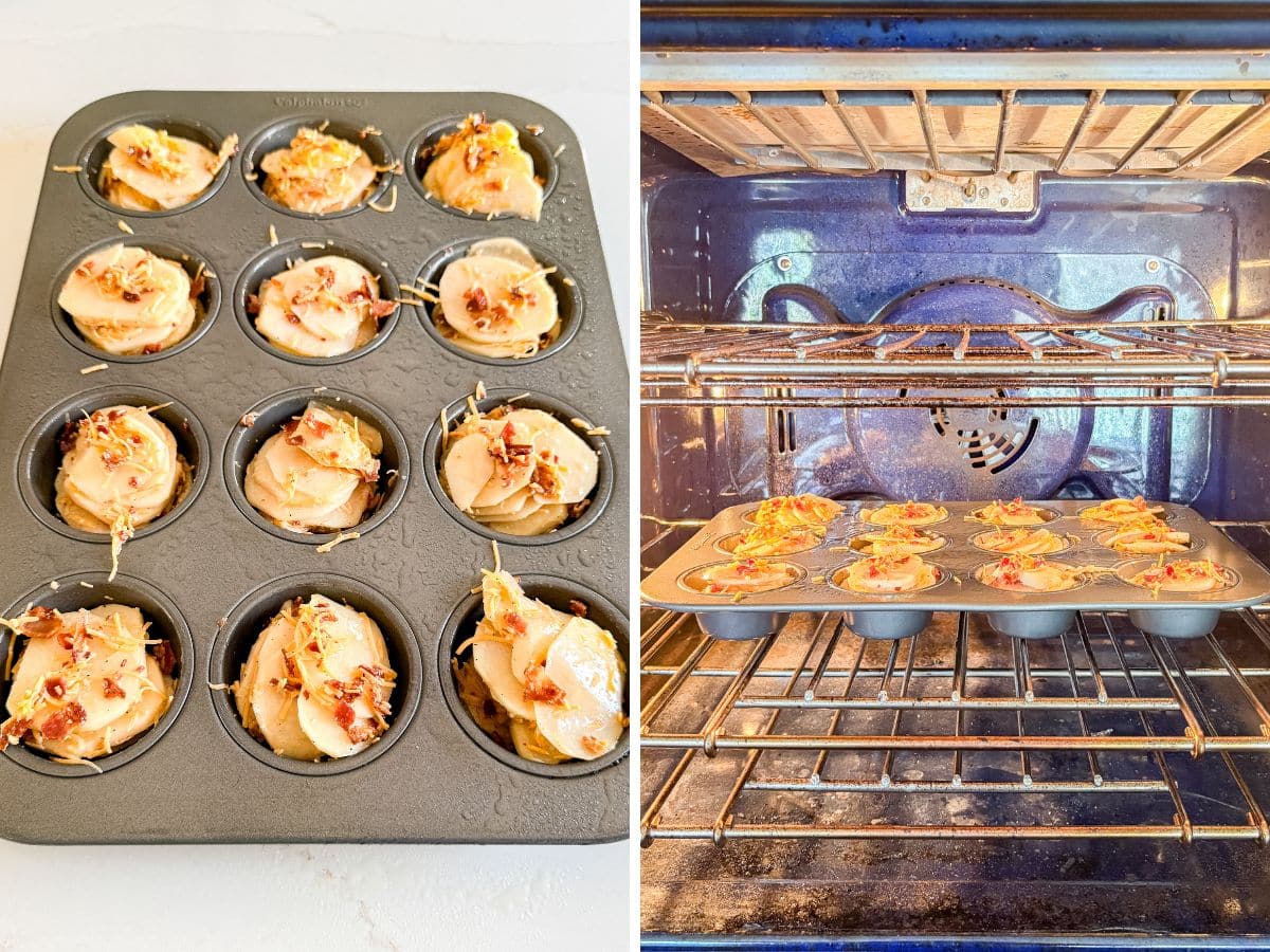 Potato stacks in the muffin tin and the tin in the oven.
