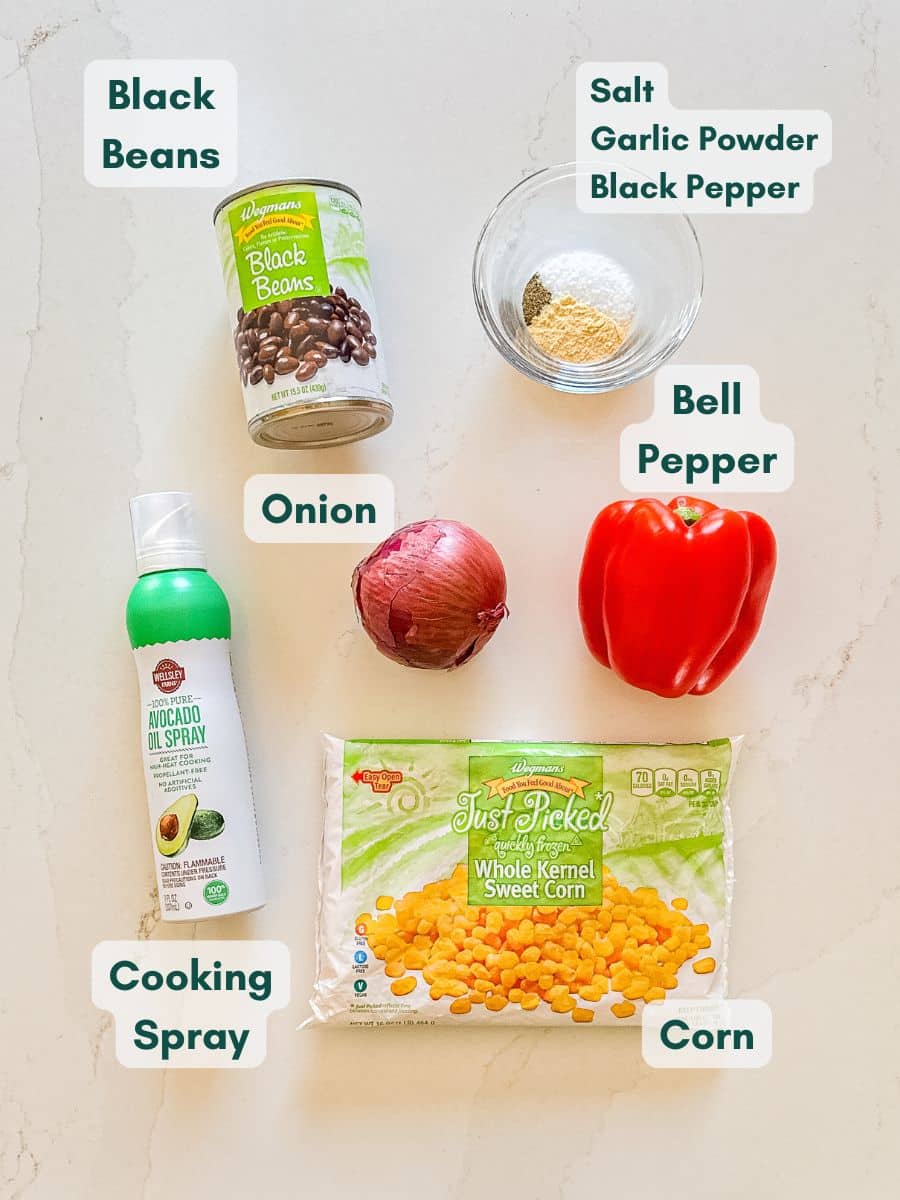 An overhead image of labeled recipe ingredients.