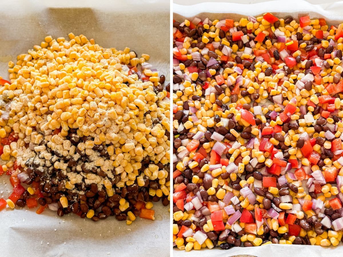 All the ingredients piled onto a parchment tined sheet pan and then mixed together and spread out.
