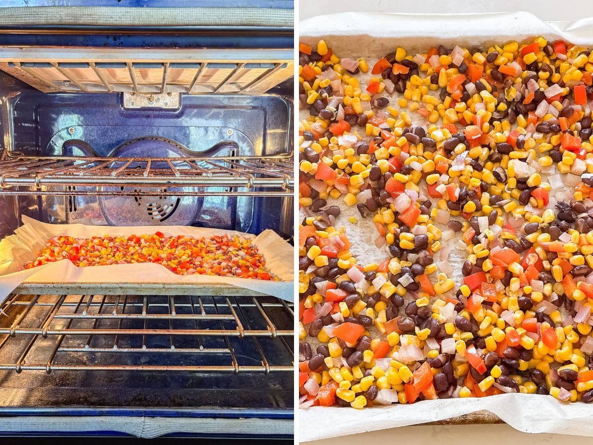 The pan in the oven and then the salsa being flipped in the middle of roasting.
