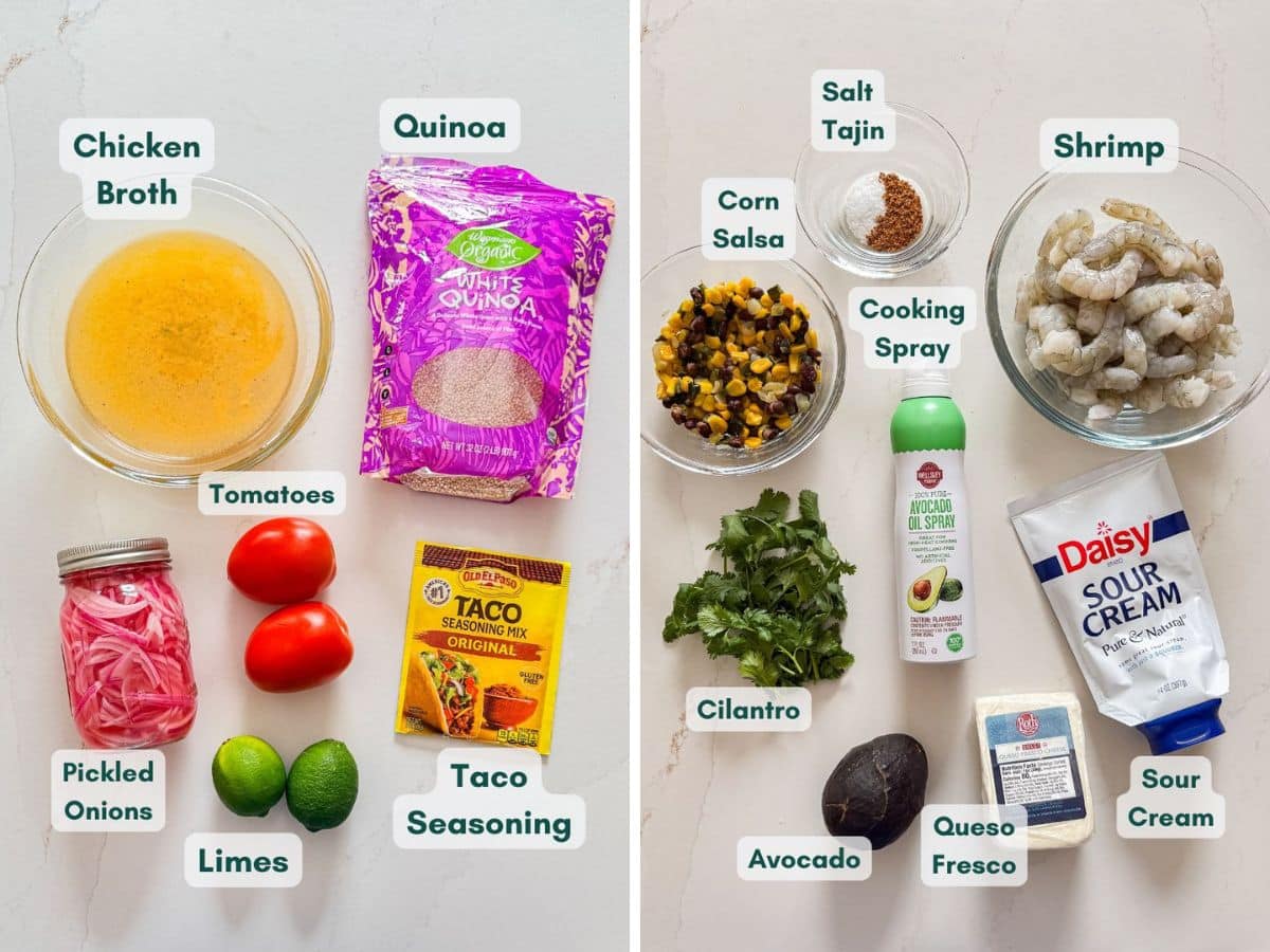An overhead image of labeled recipe ingredients.