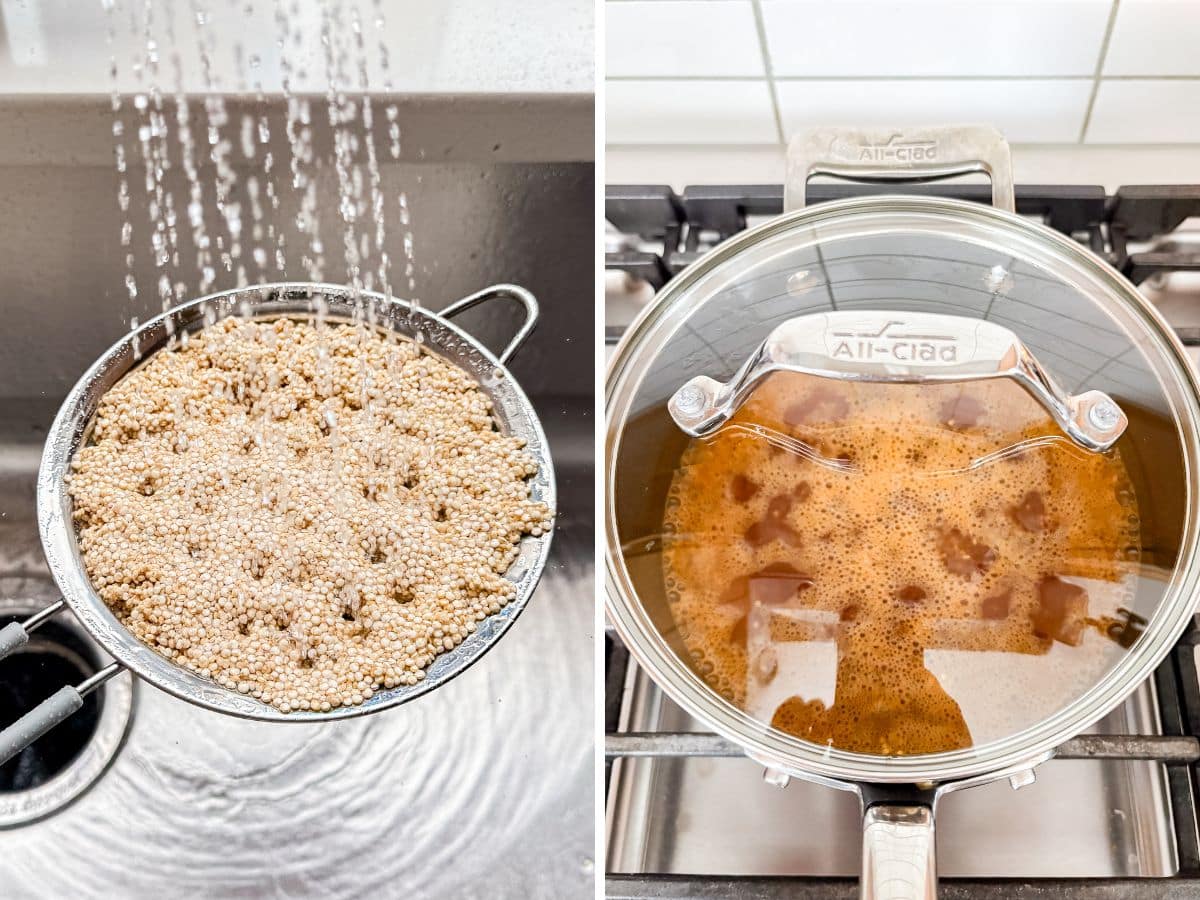 Quinoa being rinsed and then cooking in a covered pot.