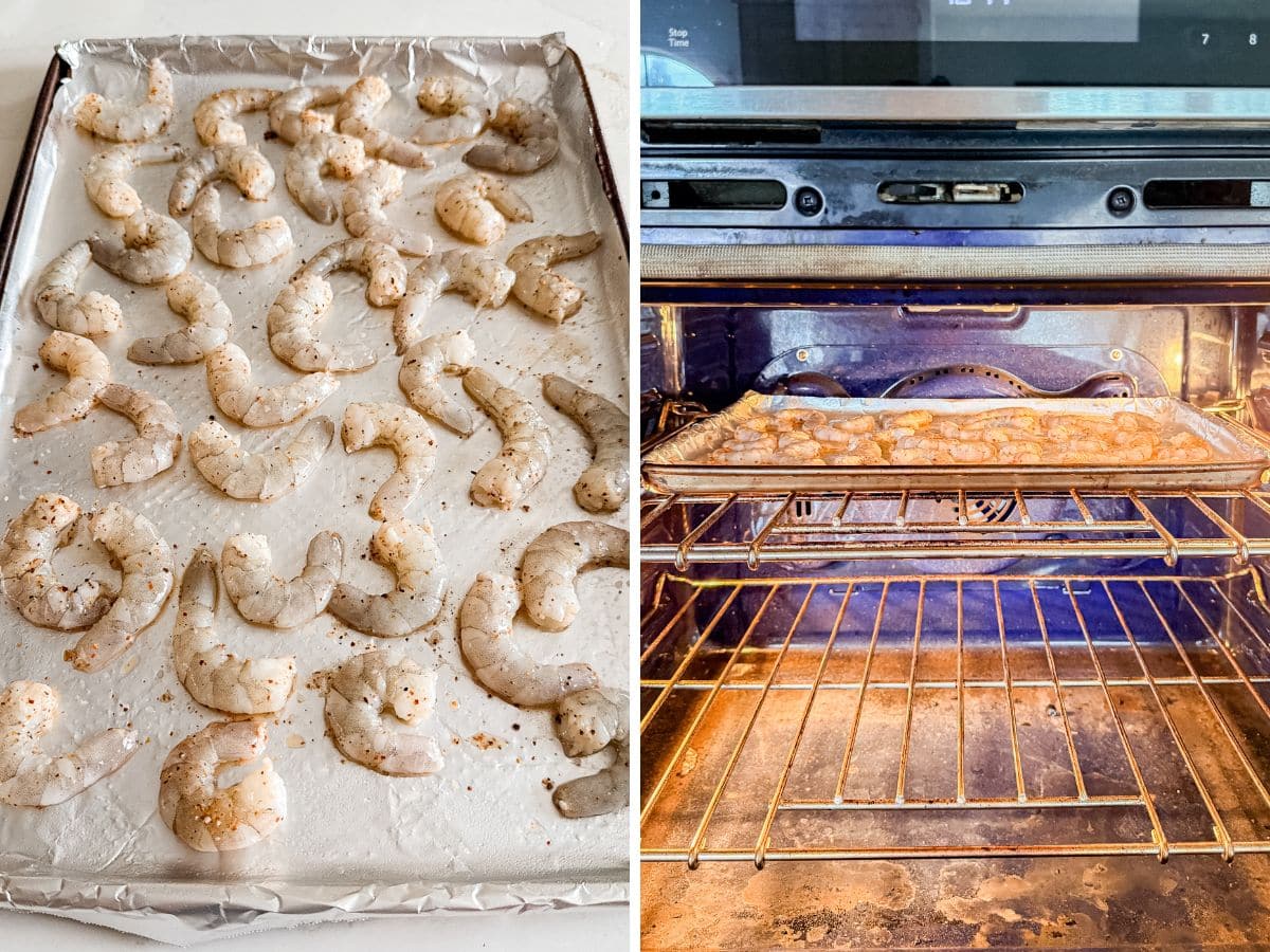 Seasoned shrimp on a foil-lined pan and then in the oven.