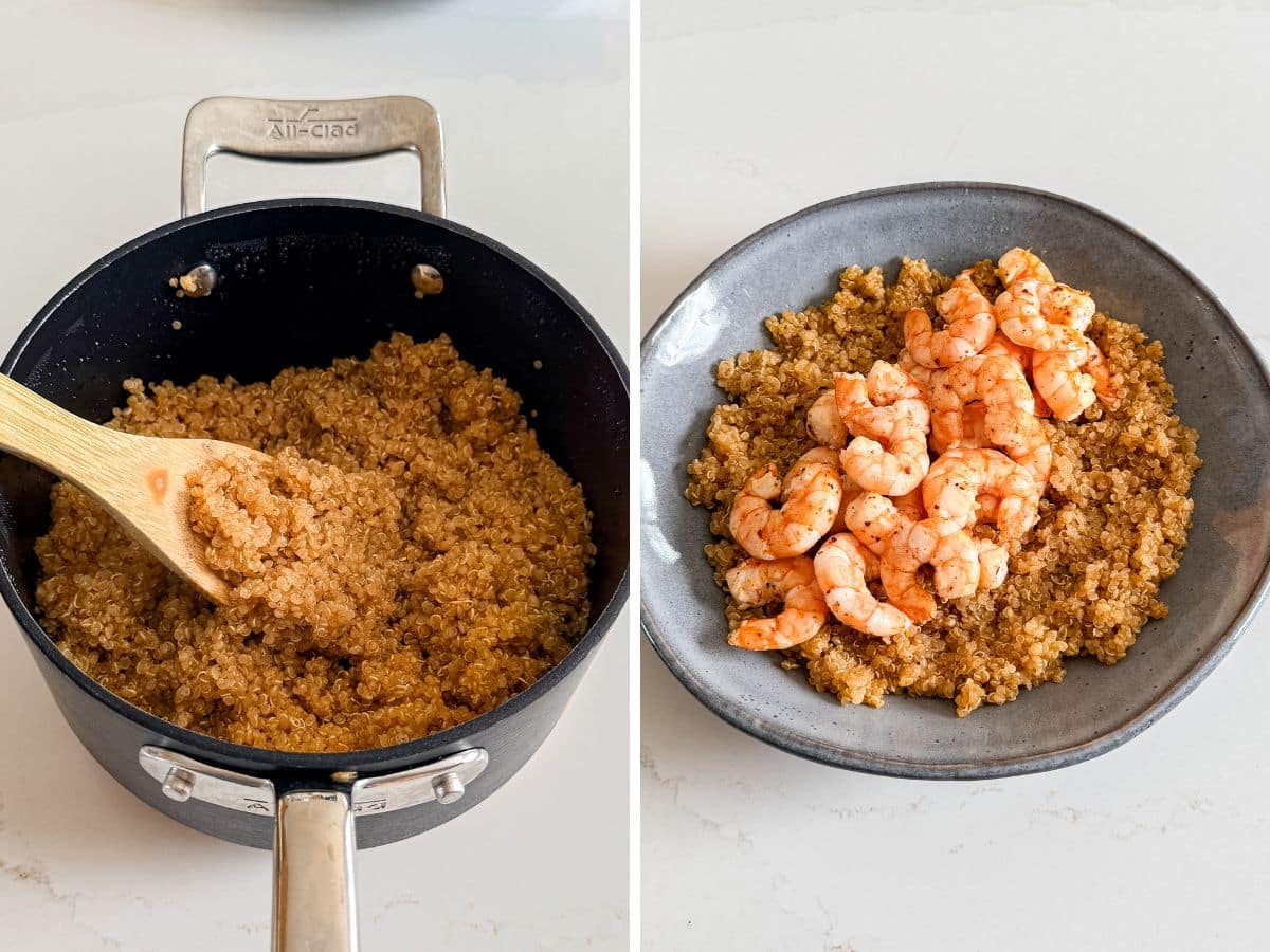 Cooked quinoa in a pot with a wooden spoon and then quinoa and shrimp in a bowl.