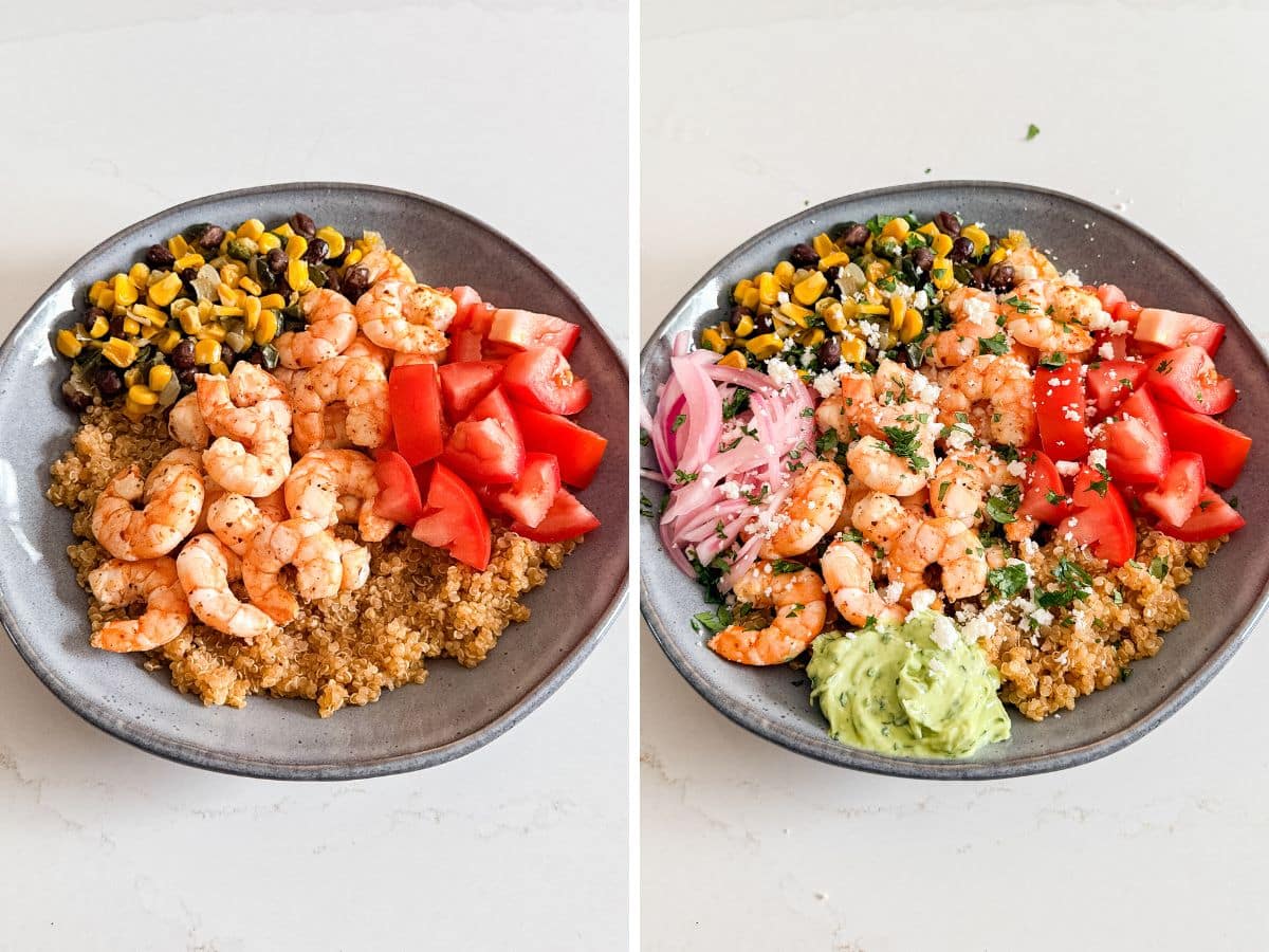 Tomatoes and corn salsa added to the quinoa bowl and then pickled onions and avocado crema.