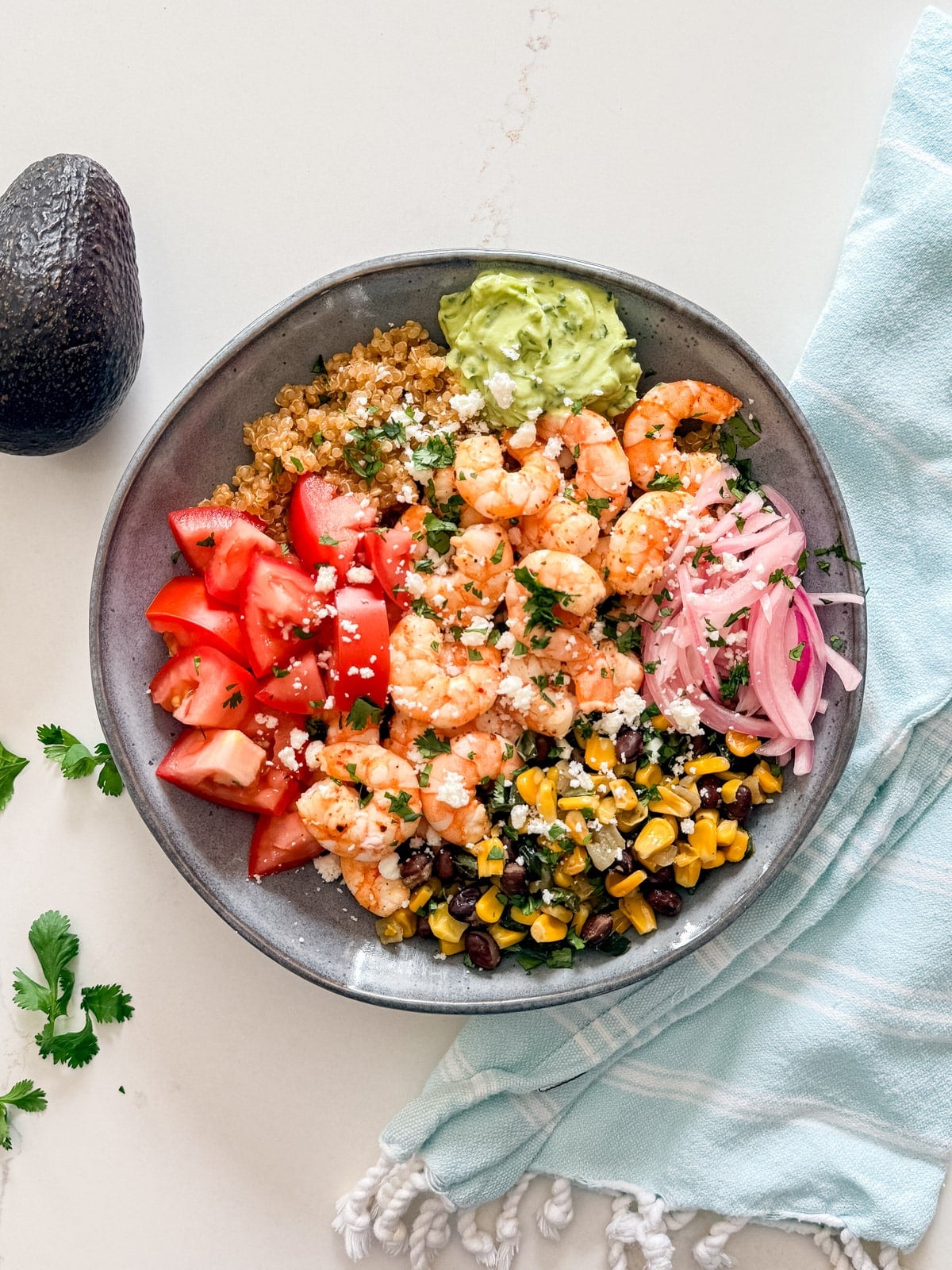 An overhead image of a Mexican Shrimp Quinoa Bowl.