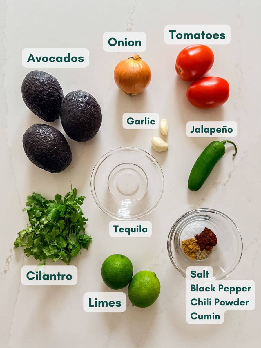 An overhead image of labeled recipe ingredients.