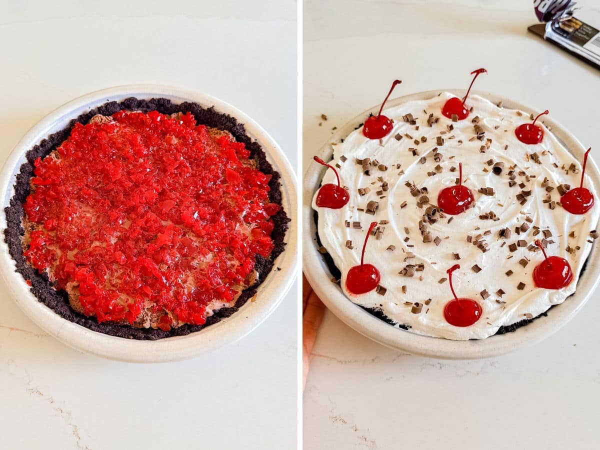 A layer of chopped cherries on the ice cream and then topped with whipped topping, whole cherries and chocolate shavings.