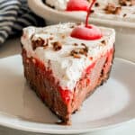 A close up, straight on image of a slice of black forest ice cream cake on a plate.