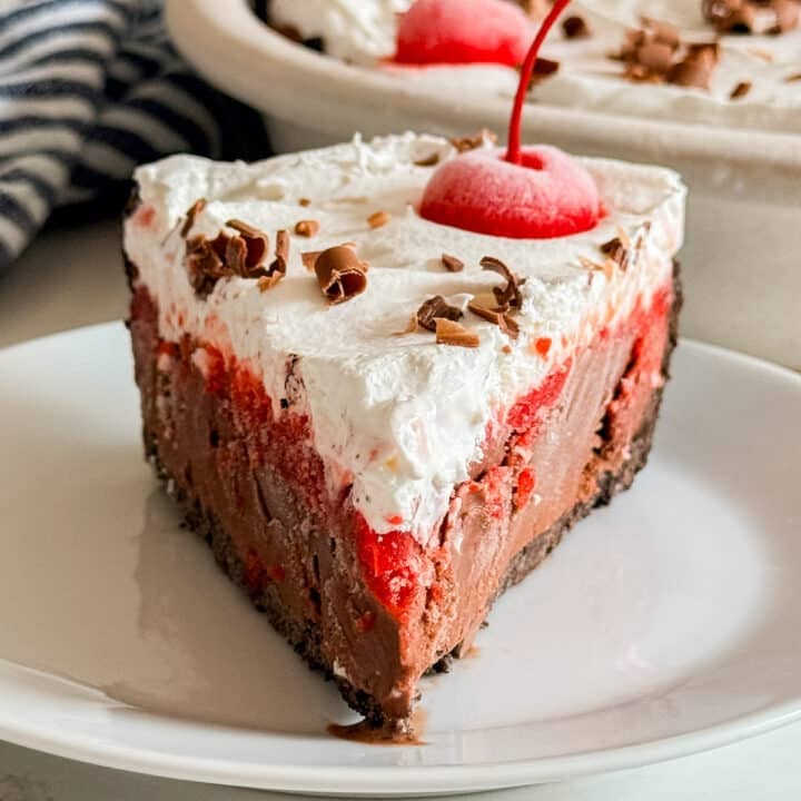 A close up, straight on image of a slice of black forest ice cream cake on a plate.