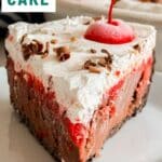 A close up, straight on image of a slice of black forest ice cream cake on a plate.