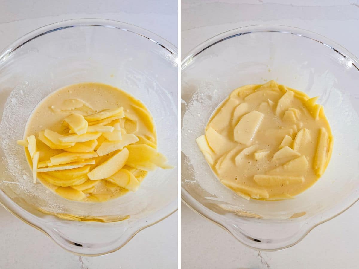 Thinly sliced apples added to the batter and then mixed in.