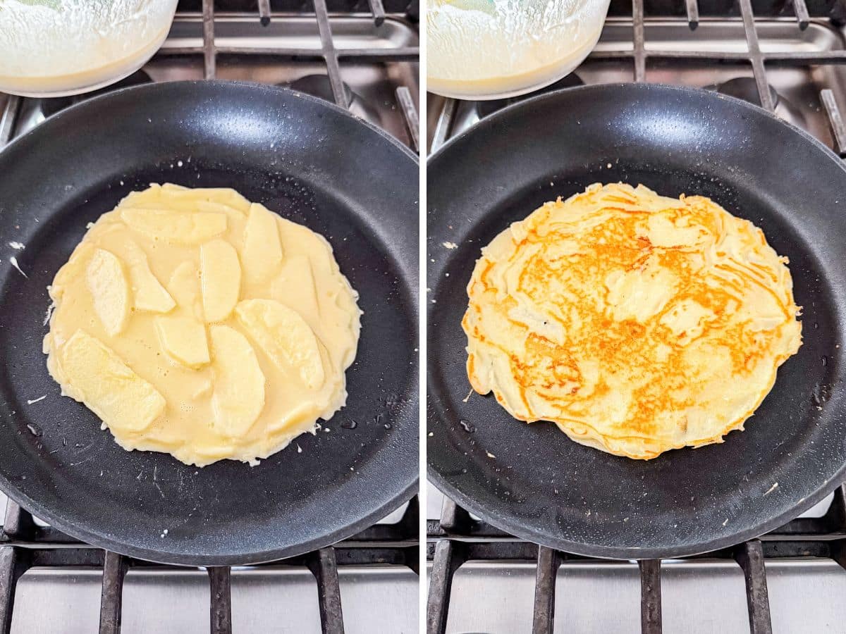 Batter and apples in the pan and then flipped revealing a perfectly golden brown pancake.