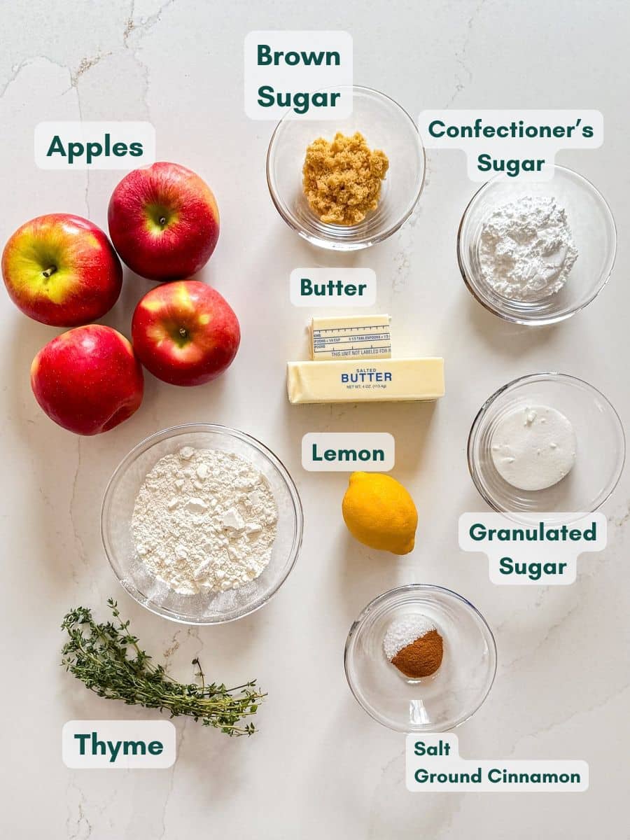 An overhead image of labeled recipe ingredients.
